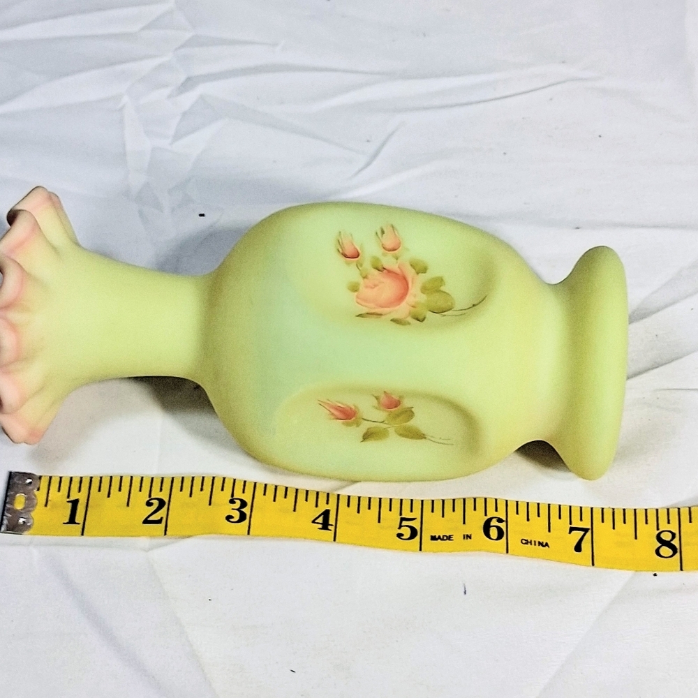 Fenton Glass Collectible Burmese Satin/Yellow Signed Hand Painted Ruffled Vase - Picture 6 of 9